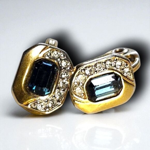 Vintage Monet Gold Tone Blue Rhinestone Clip On Earrings Art Deco Style Fancy - Picture 1 of 7